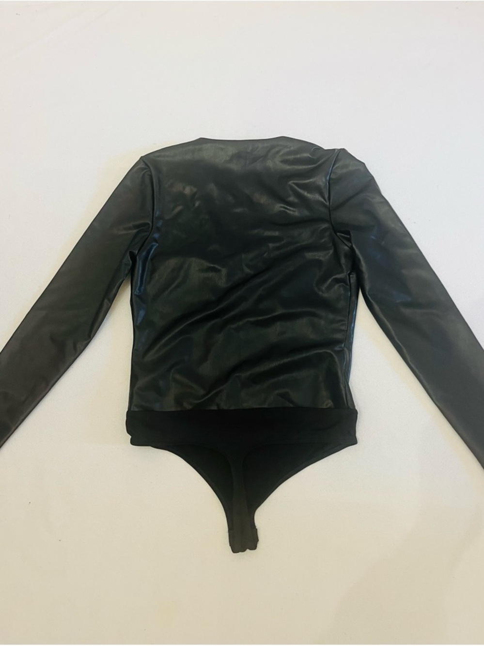 Express Faux Leather V-Neck Black Bodysuit Top - Picture 4 of 5